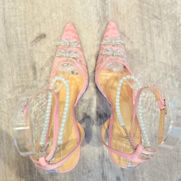 MACH & MACH Pink Lace, Pearl Anklet and Diamanté Bow Heels NWT - Picture 2 of 11